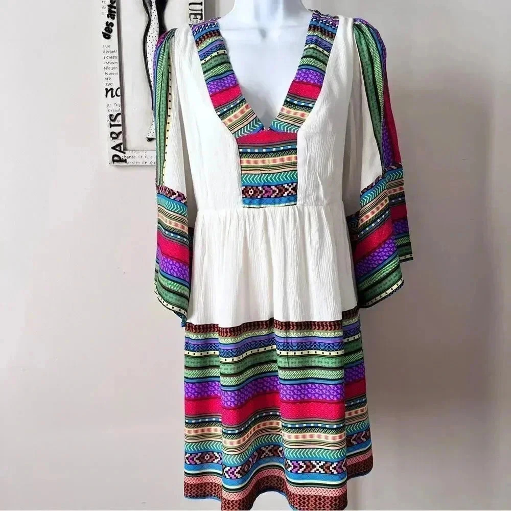 Esley Boho Festival Bell Sleeve Printed White Mini Dress Size L